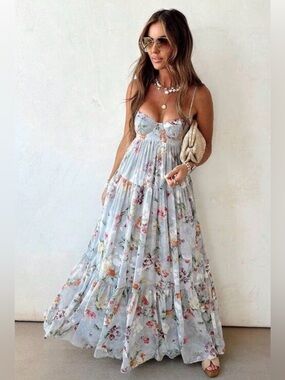 Light Blue Floral Maxi Dress with Spaghetti Straps